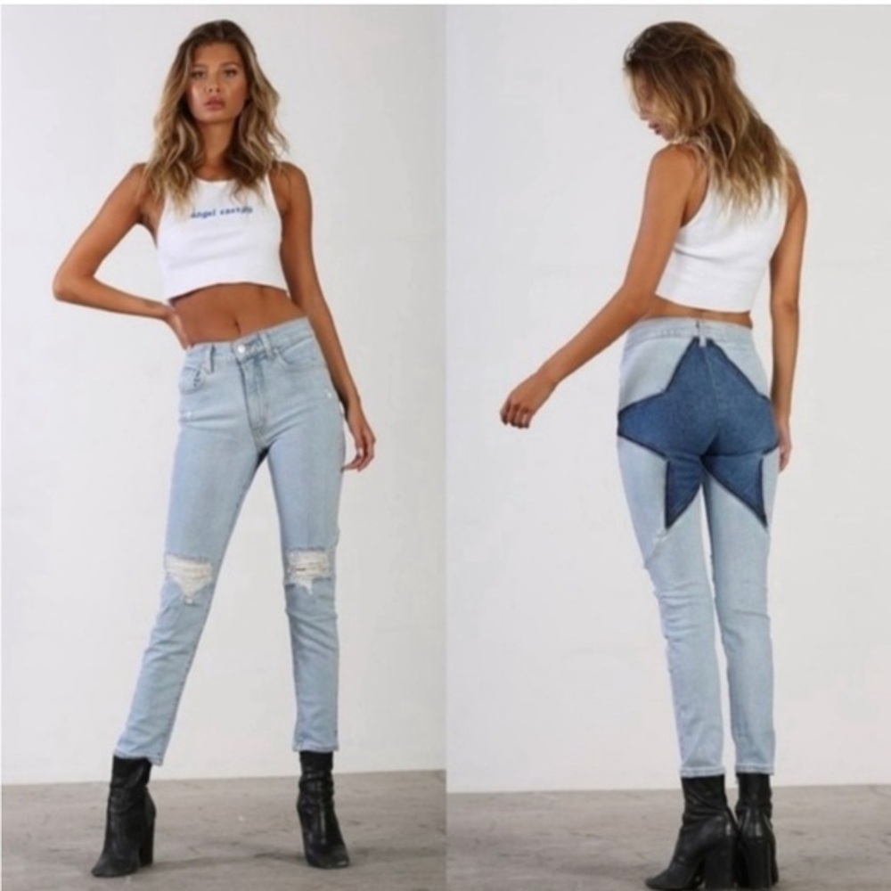 REVICE Two-Tone Light & Dark Blue Patchwork Skinny Jeans